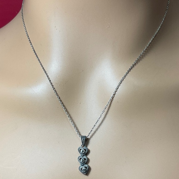 Sterling Silver Triple Heart Shaped Vertical Pendant W Marcasit. 19 inches long - Picture 1 of 6